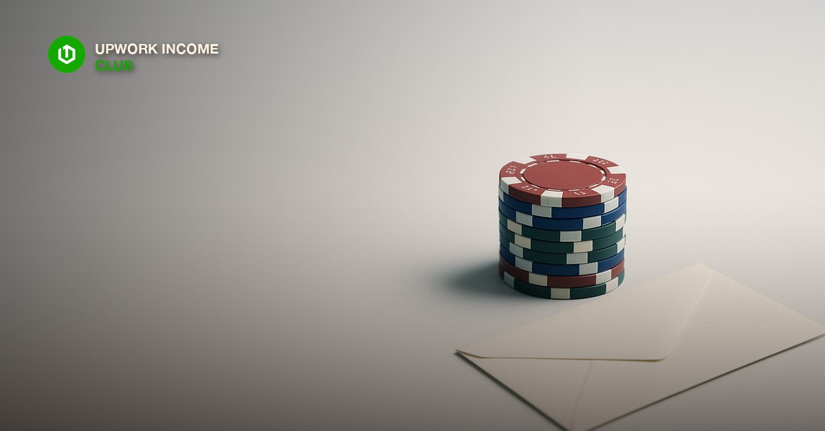A short stack of poker chips beside a plain sealed envelope on a clean pale desk