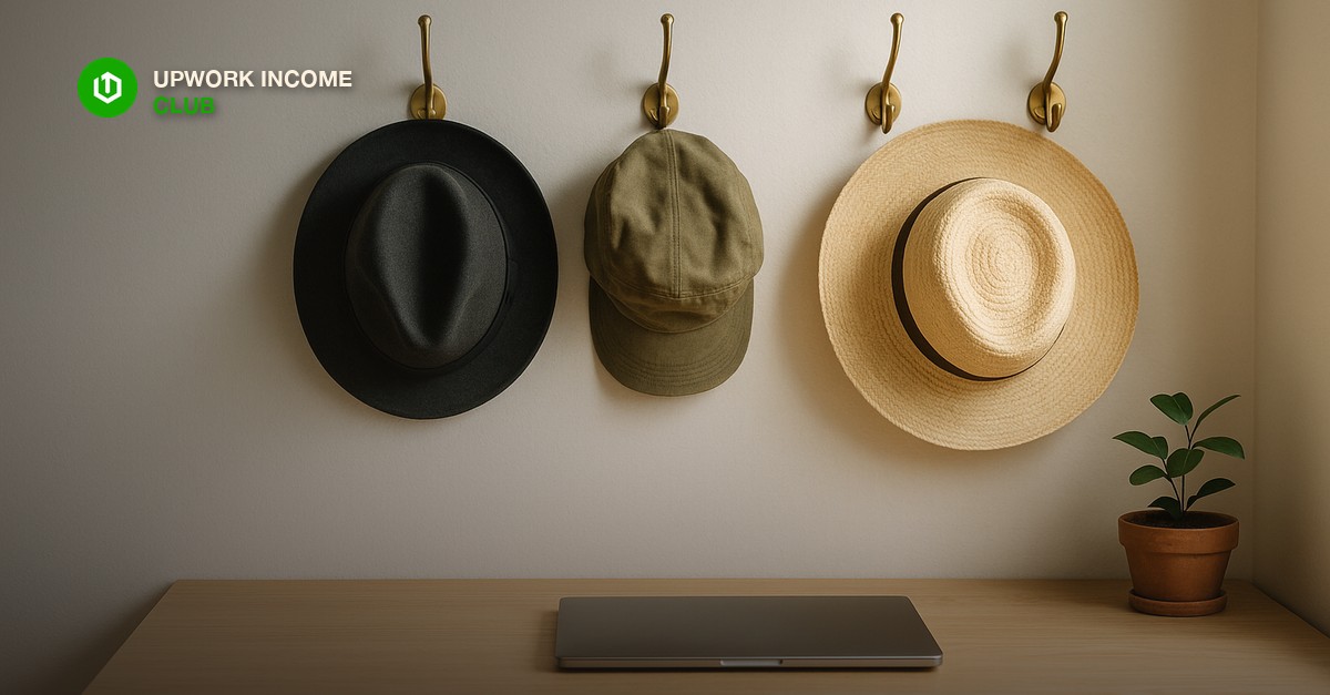 Three different hats, a charcoal wool fedora, a faded canvas work cap, and a pale straw sun hat, hanging side by side on a row of brass wall hooks above a tidy light-oak desk with a closed laptop and a small potted plant in soft morning window light, calm editorial still life