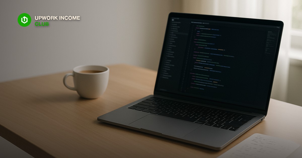 Clean modern desk with a laptop showing a code editor, coffee, and a notebook of notes