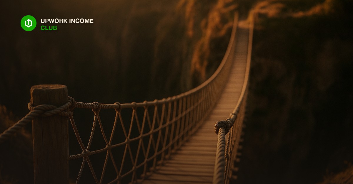 A narrow rope bridge crossing a deep ravine at golden hour seen from the near bank