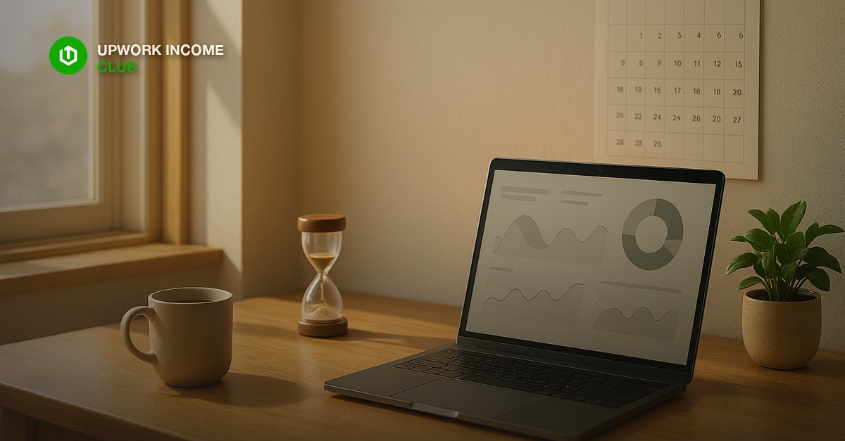 A warm wooden desk beside a bright window with a wall calendar showing marked days, a small hourglass with sand mid-fall, an open laptop showing an abstract dashboard, a coffee mug and a potted plant, soft morning light, with clean empty space in the upper left corner