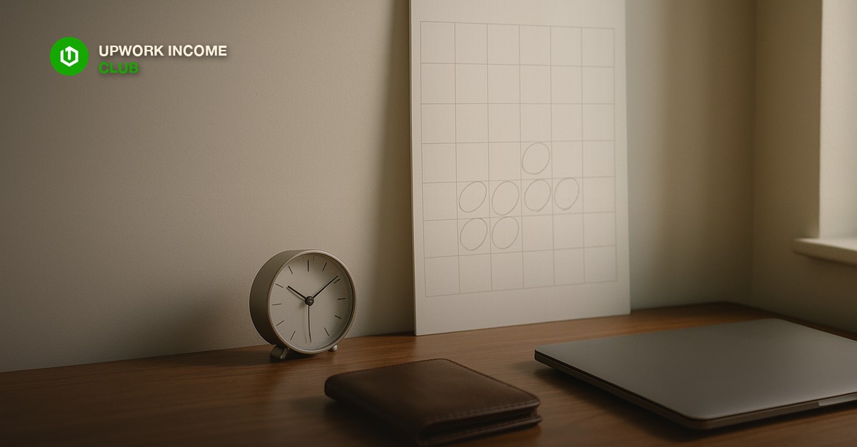 A wall calendar with several days circled in pencil beside a small desk clock, a leather wallet, and a closed laptop on a tidy walnut desk in soft morning window light, calm editorial photography style