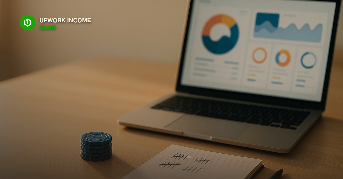 A tidy modern desk with a small stack of blue tokens beside an open laptop showing an abstract dashboard and a notepad with tally marks, warm morning light from the left, editorial photography style