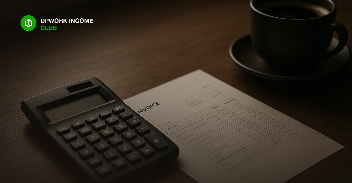 A calculator and invoice on a desk representing freelance rate and fee math