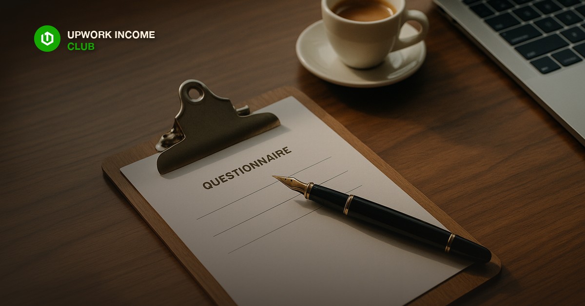 A close-up of a clipboard holding a printed questionnaire with three empty answer lines, a fountain pen resting across it, beside an open laptop and a small cup of espresso on a clean walnut desk, soft directional morning light, editorial photography style