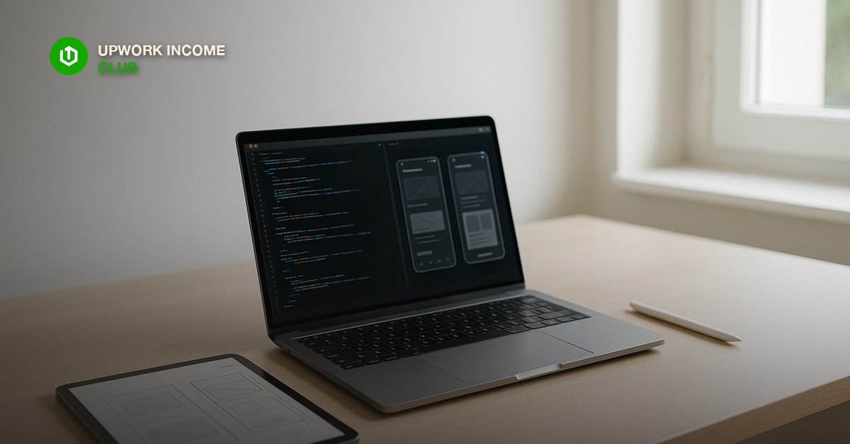 Upwork Income Club - building a freelance portfolio with no clients using a laptop and design workspace