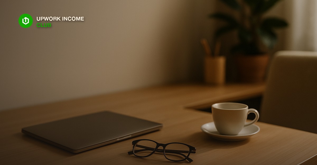 A tidy home office desk in soft afternoon light with a closed laptop, folded glasses and an empty coffee cup