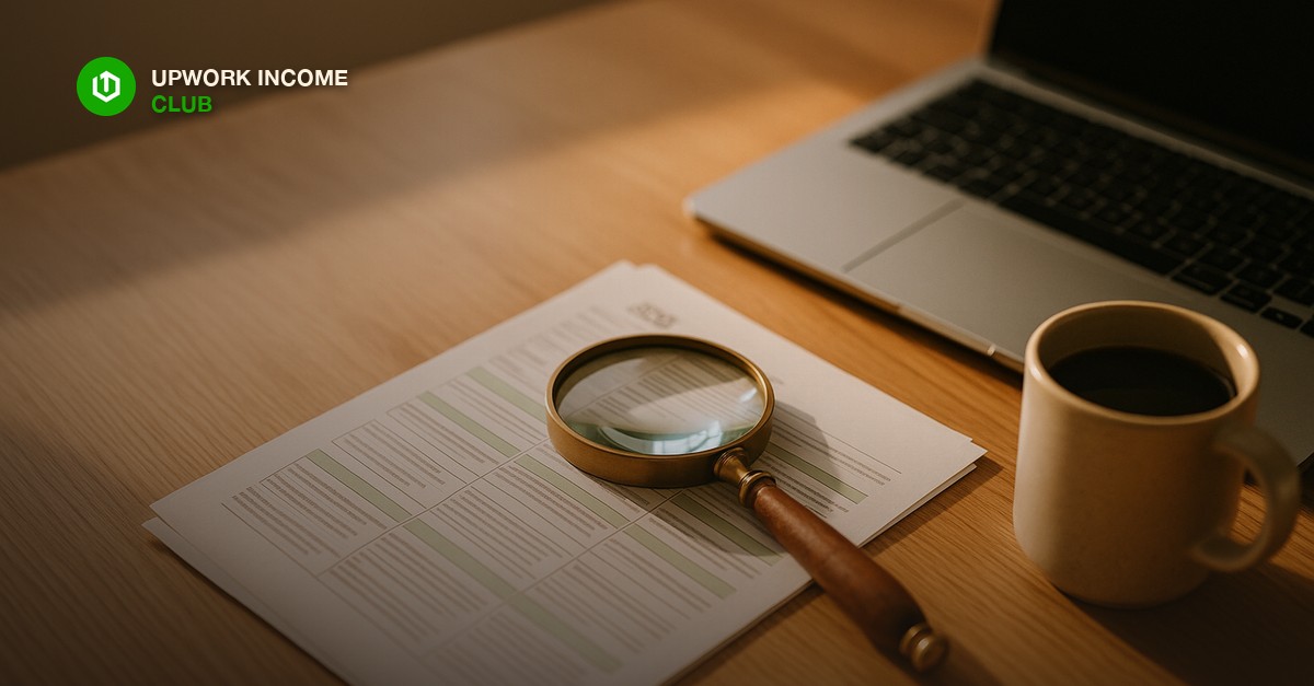A brass magnifying glass resting on a printed stack of job listings with several rows highlighted in green marker, beside an open laptop and a ceramic mug of black coffee on a clean oak desk, warm directional window light, editorial photography style