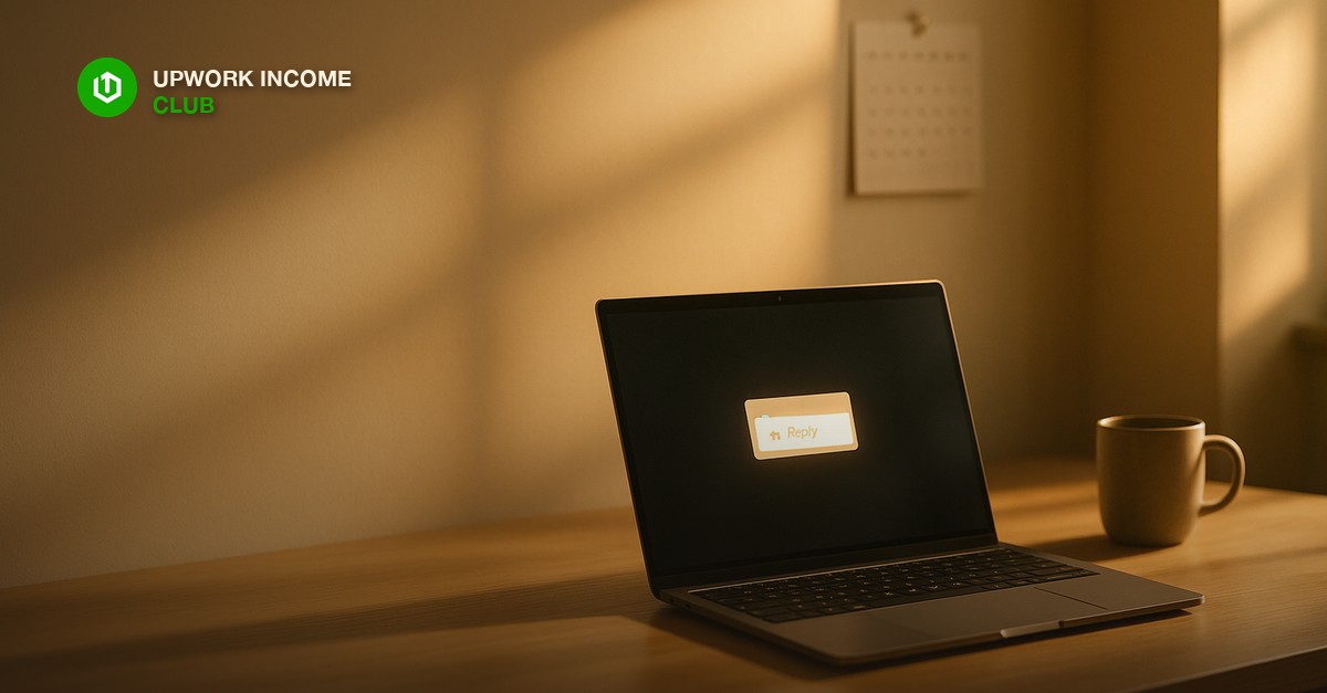 A freelancer at a clean wooden desk in warm afternoon light with a laptop showing an email reply notification on screen, a coffee mug nearby, and soft golden shadows across the desk surface