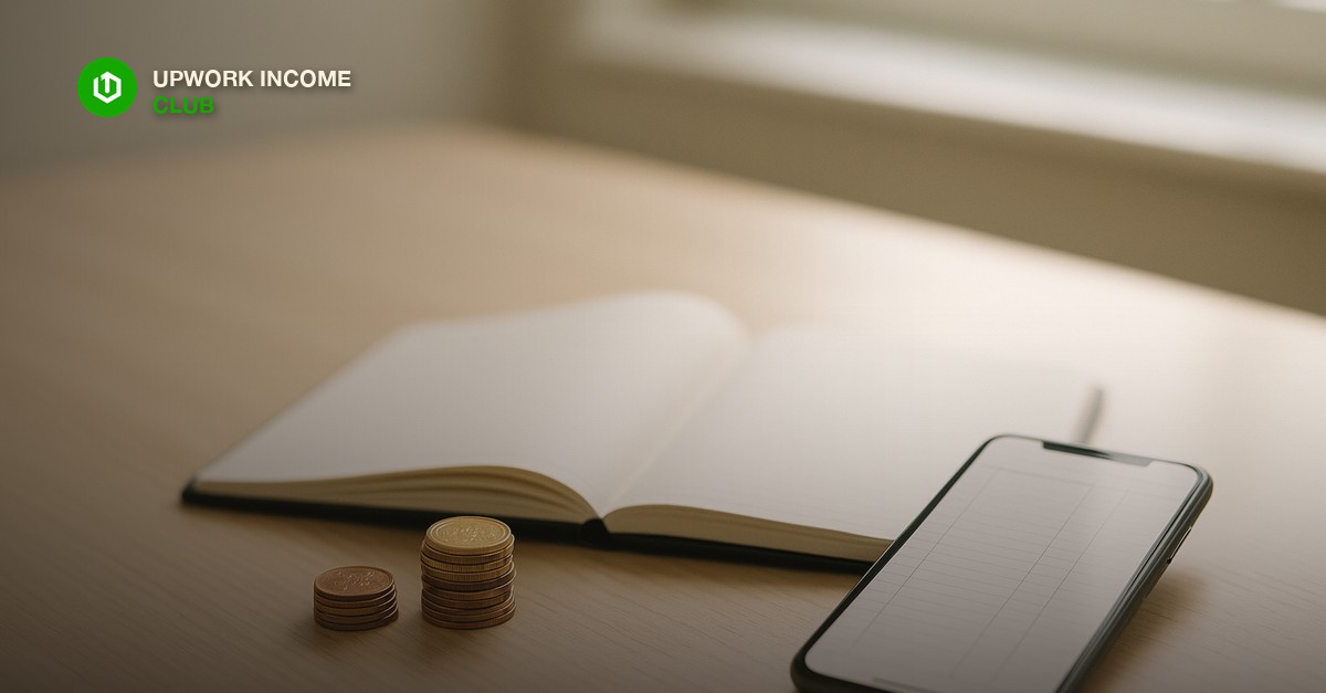 A small stack of gold and copper coins beside an open notebook and a smartphone on a pale wooden desk in soft morning light