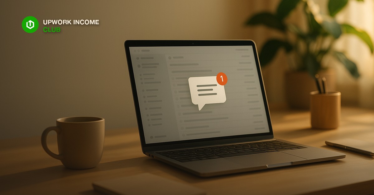 Laptop showing a messaging inbox with a new notification on a tidy home office desk