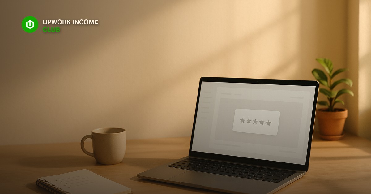 A freelancer's tidy desk in warm morning light with a laptop showing a single five-star review card, a notebook with a short checklist, a coffee mug, and a small plant