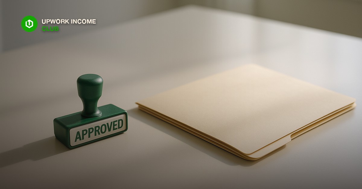 Upwork Income Club - a laptop showing a profile form beside a notebook, illustrating preparing an Upwork profile for approval