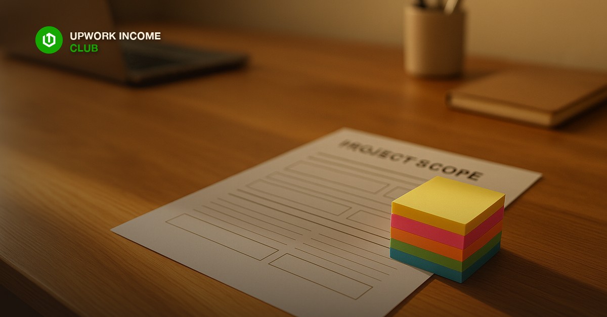 A project scope document with a growing stack of sticky notes attached to it, on a freelancer's desk