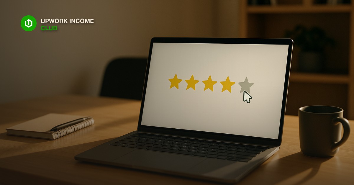 A single laptop screen in a quiet home office showing a plain five-star rating widget, suggesting an end-of-contract review