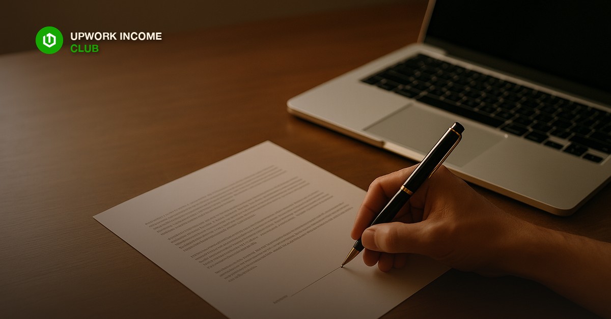 A freelancer signing a direct retainer agreement at a desk, laptop open beside a printed contract