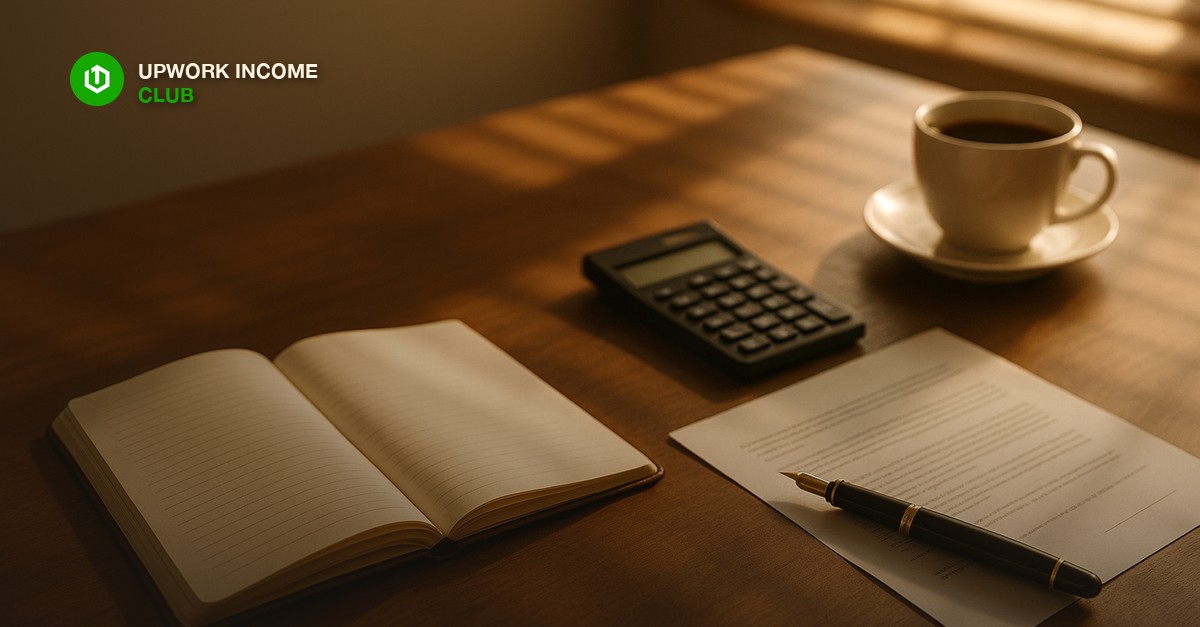 An open notebook, a calculator, a fountain pen resting on a printed contract and a cup of black coffee on a wooden desk in warm afternoon light