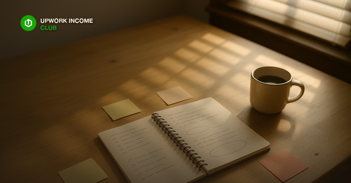 Upwork Income Club - picking a freelance niche with a notebook and morning planning session