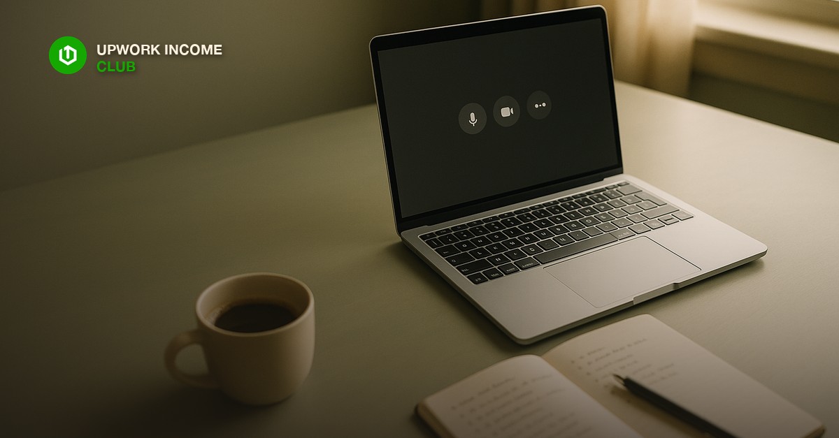 A calm home office desk with an open laptop on a video call waiting screen, a notebook of prepared notes, and a cup of coffee