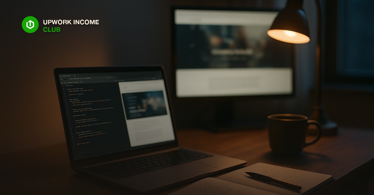 A freelancer's dimly lit home desk at dusk with a laptop showing a code editor next to a monitor displaying a company website, a notebook, and a coffee mug