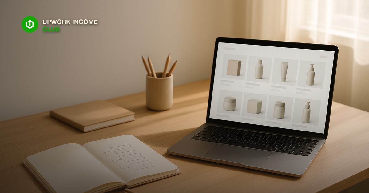 A tidy freelance workspace with a laptop showing a product catalog style listing layout