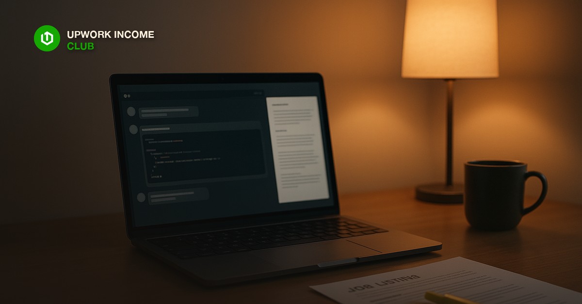 A home office desk at dusk with a laptop showing an AI chat interface next to a printed job listing with a highlighter and a coffee mug