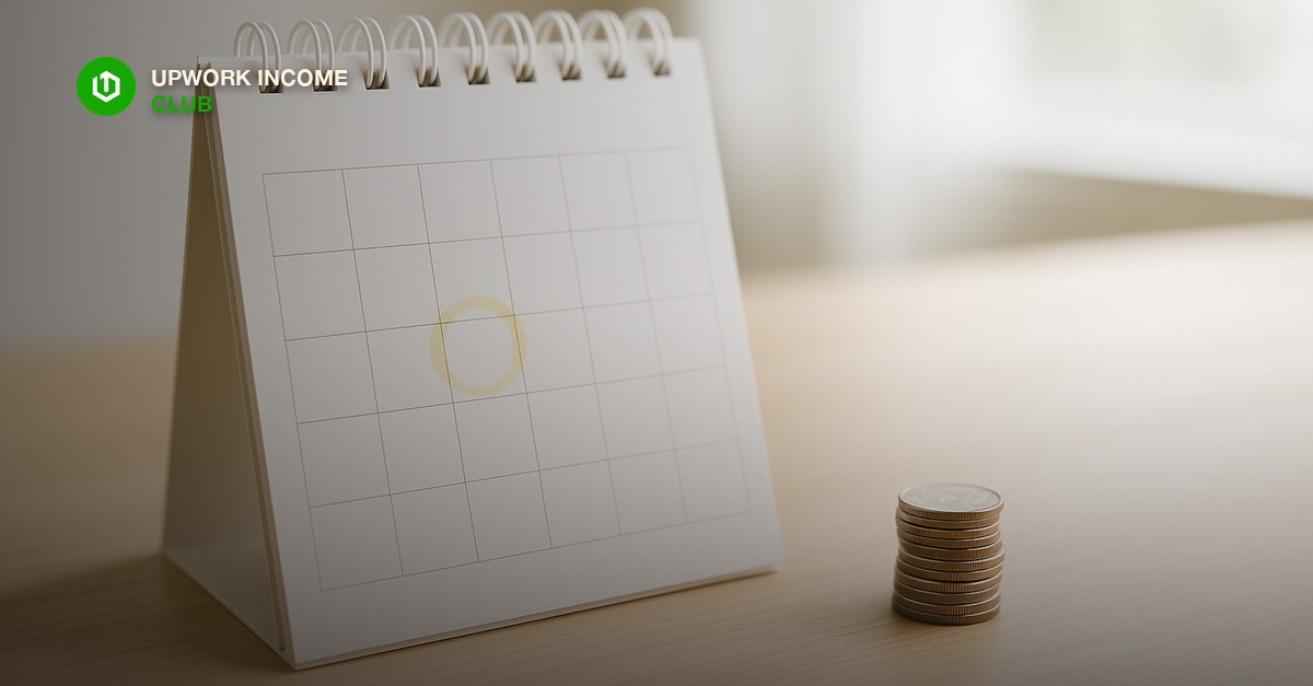 A desk calendar with one date circled beside a small stack of coins on a plain wooden desk