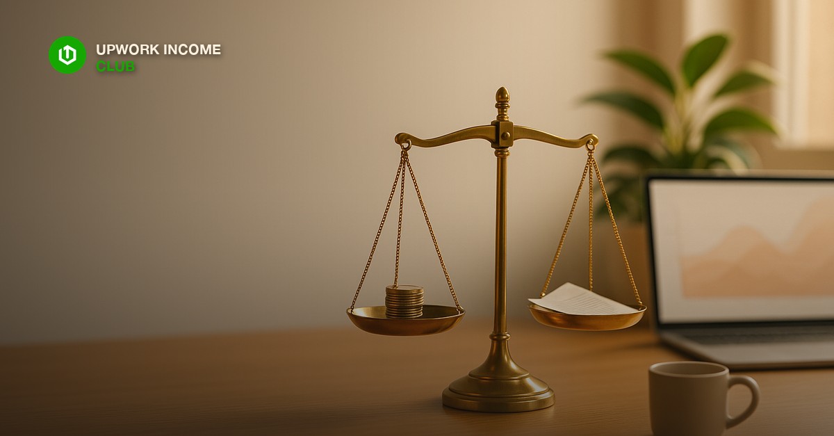 A balanced brass scale on a tidy oak desk, one pan holding a small stack of coins and the other a folded contract document, beside an open laptop showing a soft abstract earnings chart, a ceramic mug and a green desk plant, warm late-afternoon window light