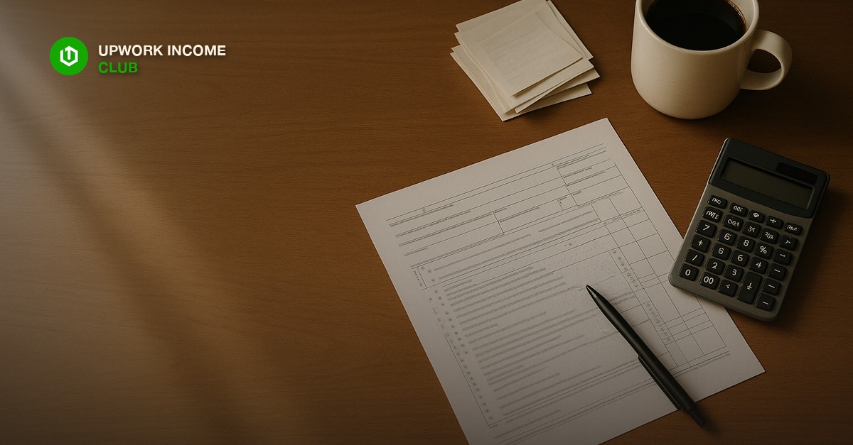 A tax form, a calculator and a small stack of receipts arranged neatly on a plain wooden desk