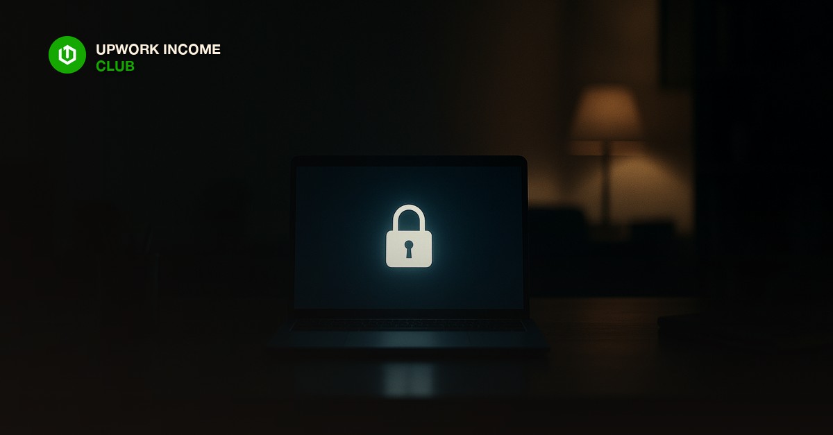 A single laptop screen glowing in a dim home office, showing a plain locked-padlock icon, suggesting restricted account access