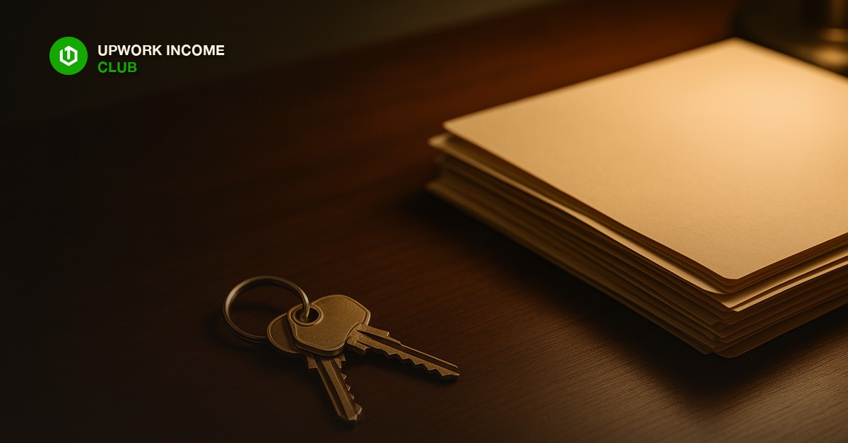 Upwork Income Club - two keys on a ring beside a stack of folders, choosing between account types