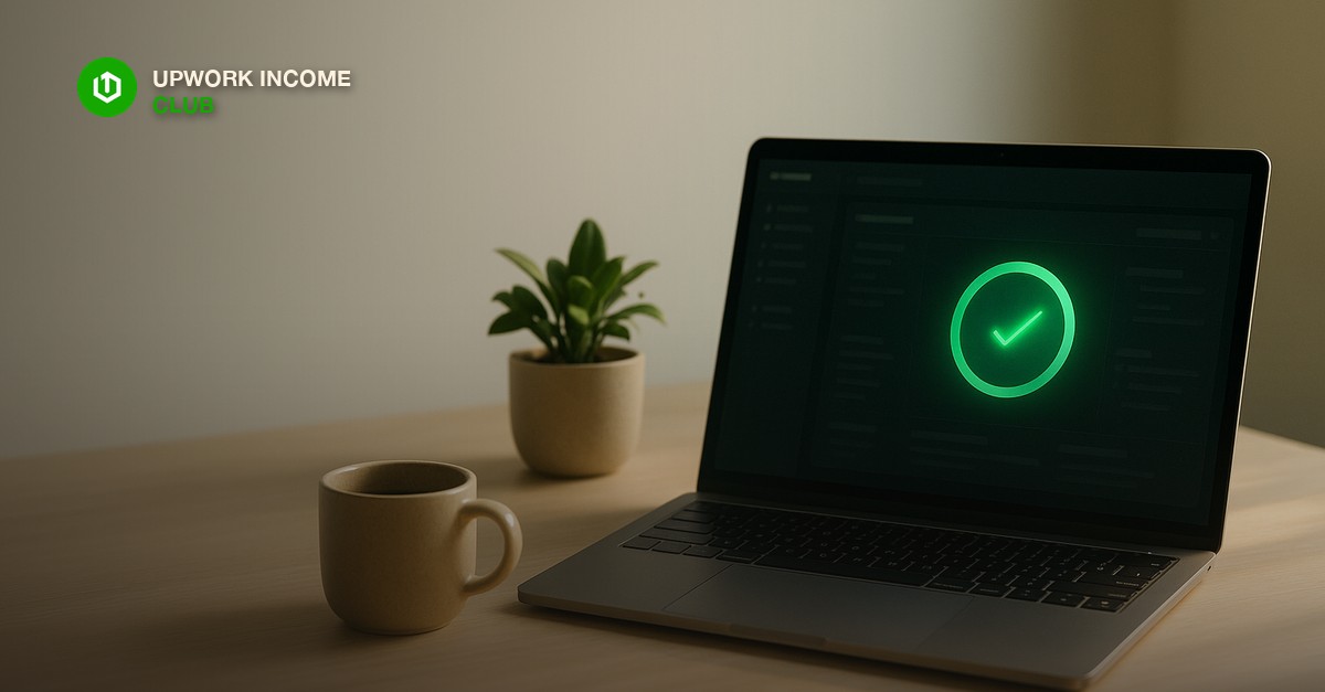 A tidy freelancer desk in soft morning light with a laptop showing a glowing green status indicator on a dashboard, a small plant, and a coffee mug