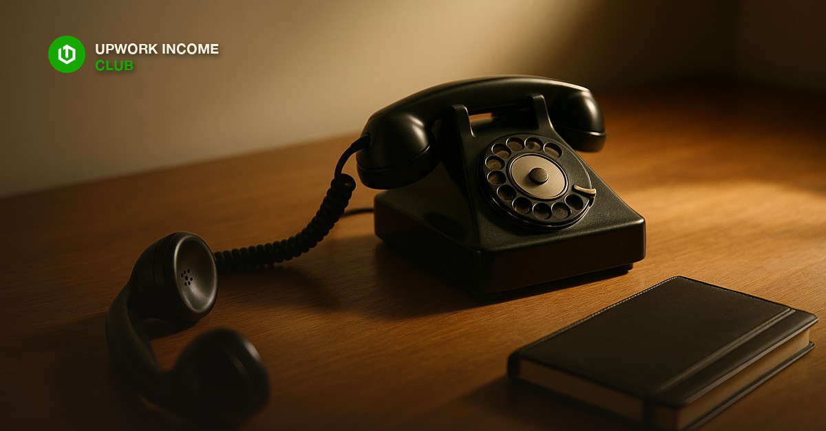 A desk telephone with its handset lying off the hook beside a closed notebook on an empty wooden desk in late afternoon light