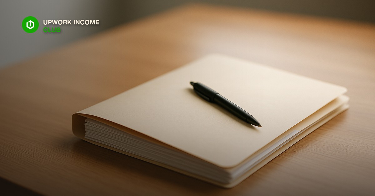 A single manila folder of printed pages and a pen resting on a plain wooden desk, suggesting a paper trail of evidence
