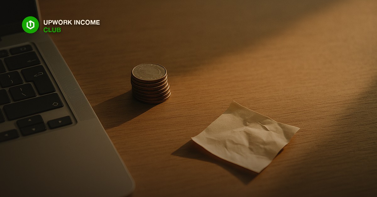 A close-up of a wooden desk with a small stack of coins beside a laptop keyboard, warm afternoon light casting long shadows, a crumpled sticky note nearby, editorial photography style