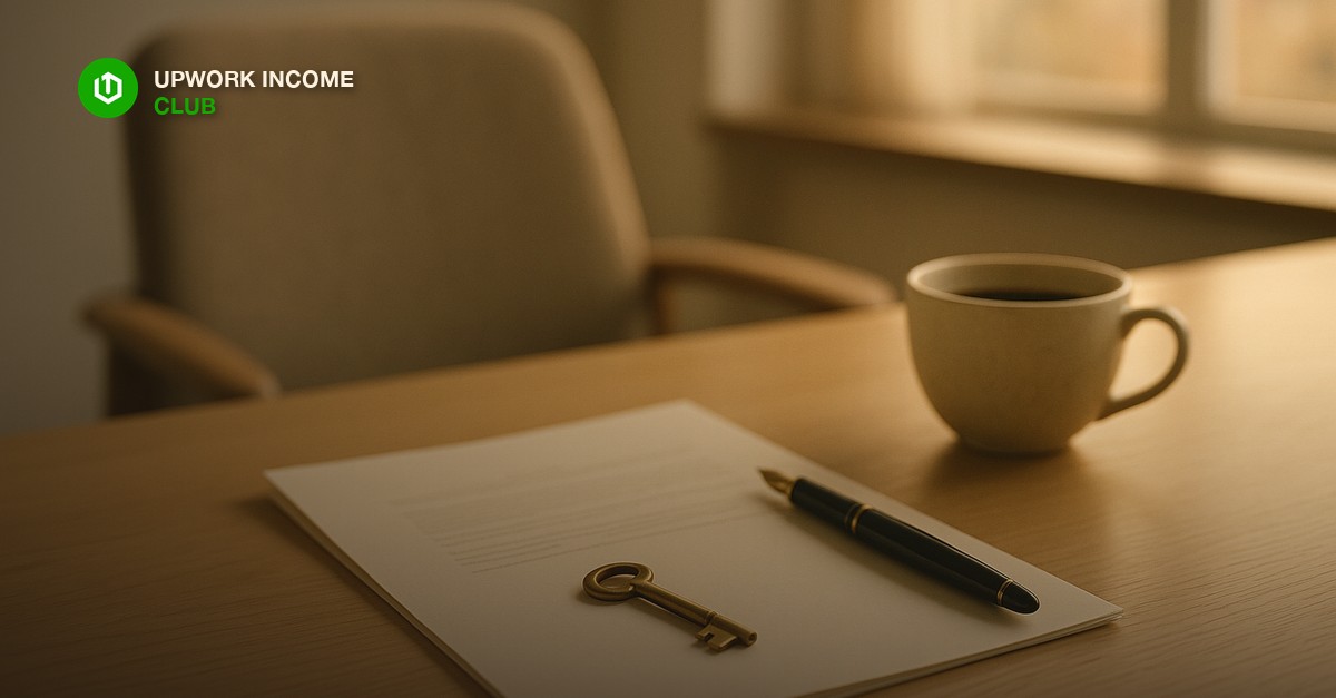 A small brass key resting on a folded paper contract beside a fountain pen and a ceramic cup of coffee on a light oak desk, with an empty chair across the desk in soft late-afternoon window light, calm editorial still life