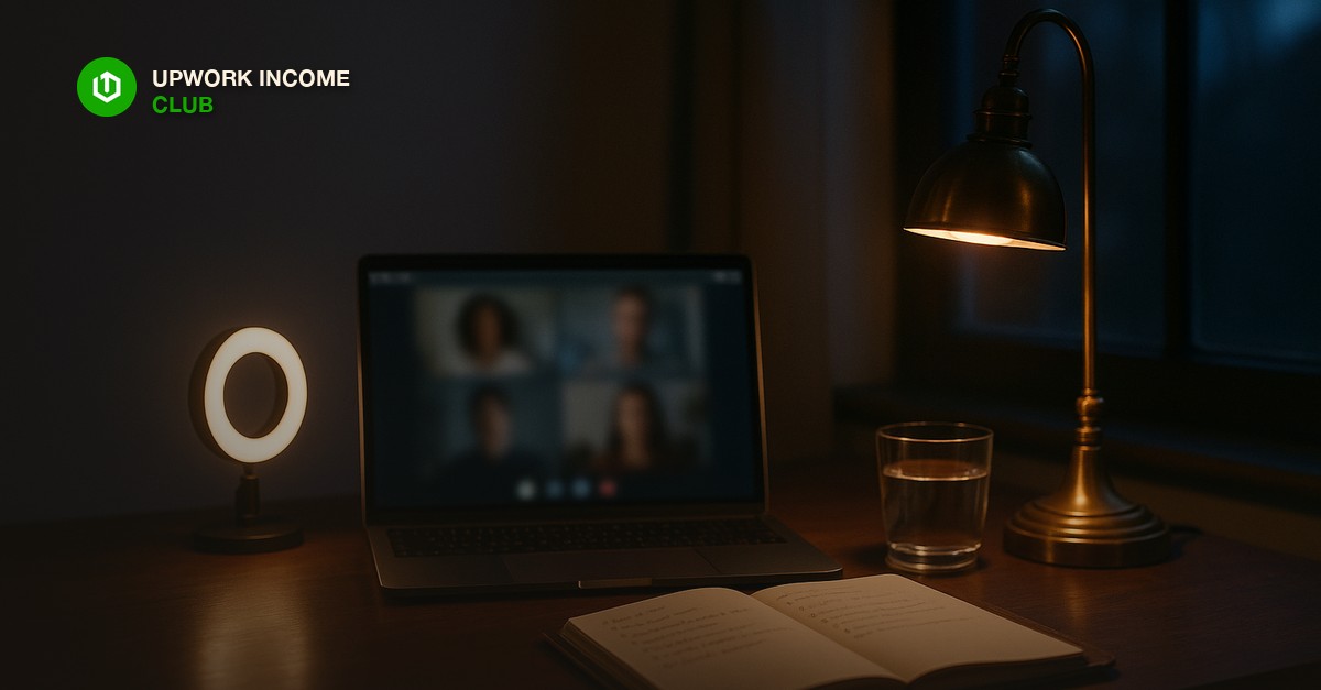 A laptop on a dark oak desk showing a blurred video call, a softly glowing ring light, an open notebook with handwritten notes, a brass desk lamp and a glass of water in warm evening light