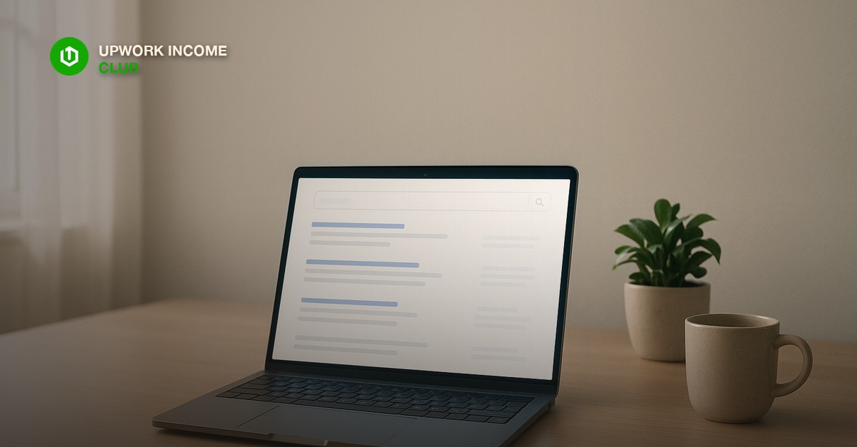 Laptop on a clean desk showing a search results interface, soft morning light from the left