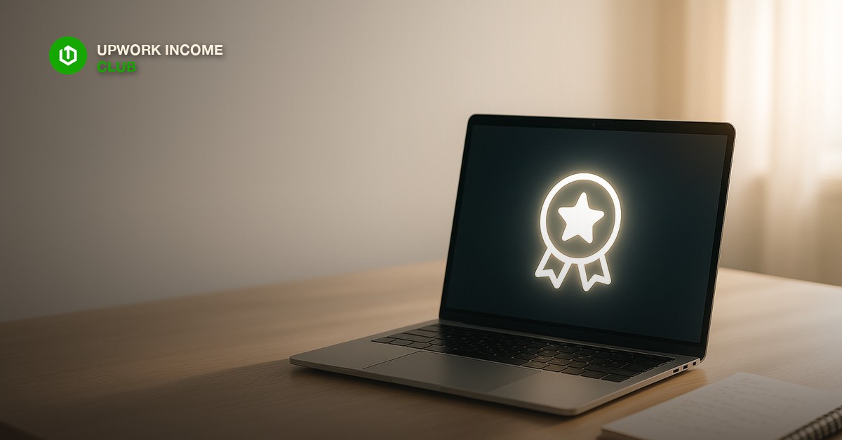 A clean desk with a laptop displaying a glowing badge icon on screen, surrounded by soft morning light, a notepad with handwritten notes, and empty negative space in the upper left corner