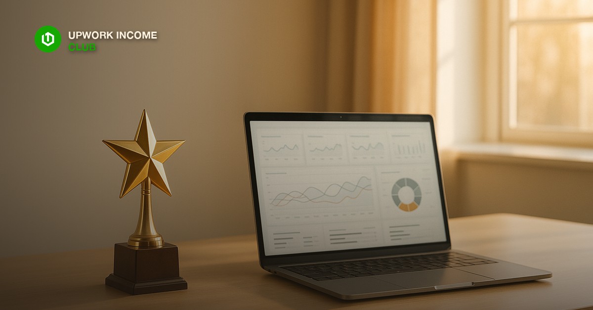A clean modern desk with a gold star trophy and a laptop open to a dashboard screen, warm morning light from a side window, editorial photography style