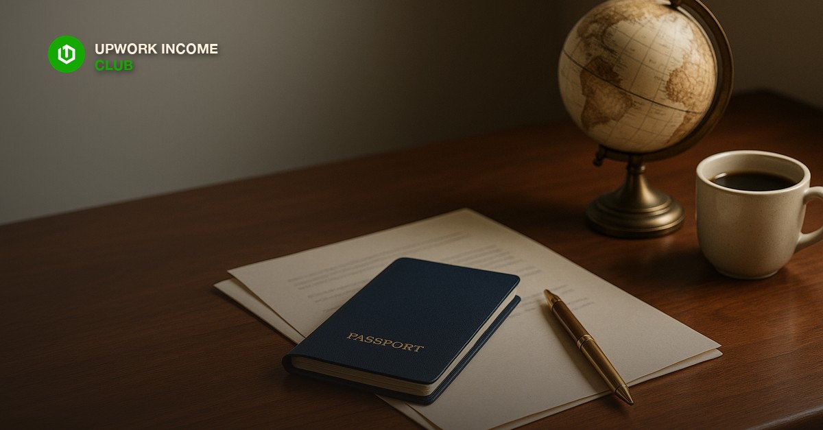 A closed navy-blue passport, a brass fountain pen, and a neatly folded cream paper document resting on a walnut desk beside a small antique brass desk globe and a ceramic cup of black coffee in soft morning window light, calm editorial still life