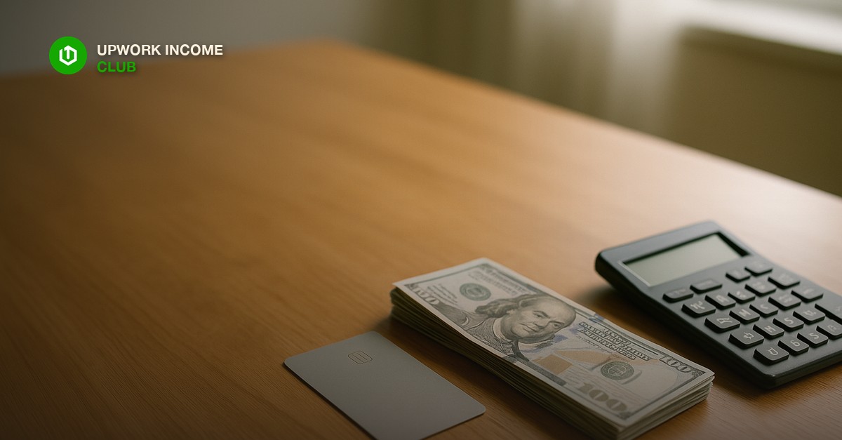 A stack of currency and a plain debit card next to a calculator on a wooden desk, suggesting a bank withdrawal