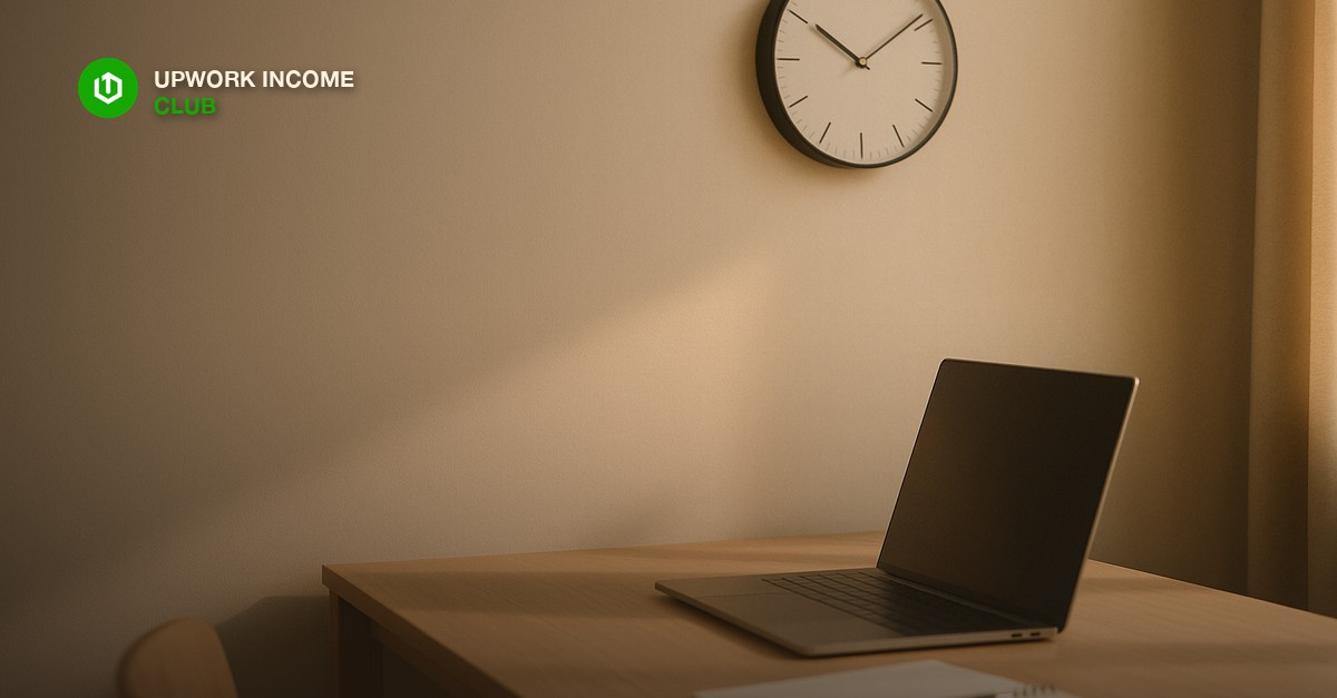 A tidy desk with an open laptop, a paper notebook and a wall clock in soft morning light