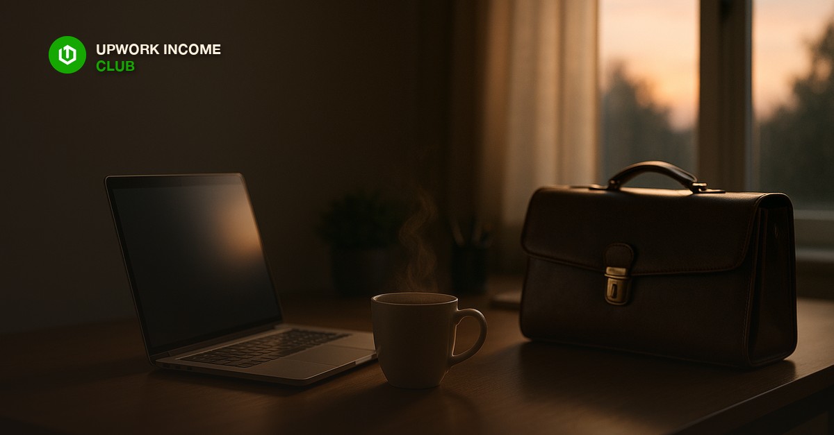A work desk at dawn with a laptop open beside a closed briefcase and a cup of coffee near a window