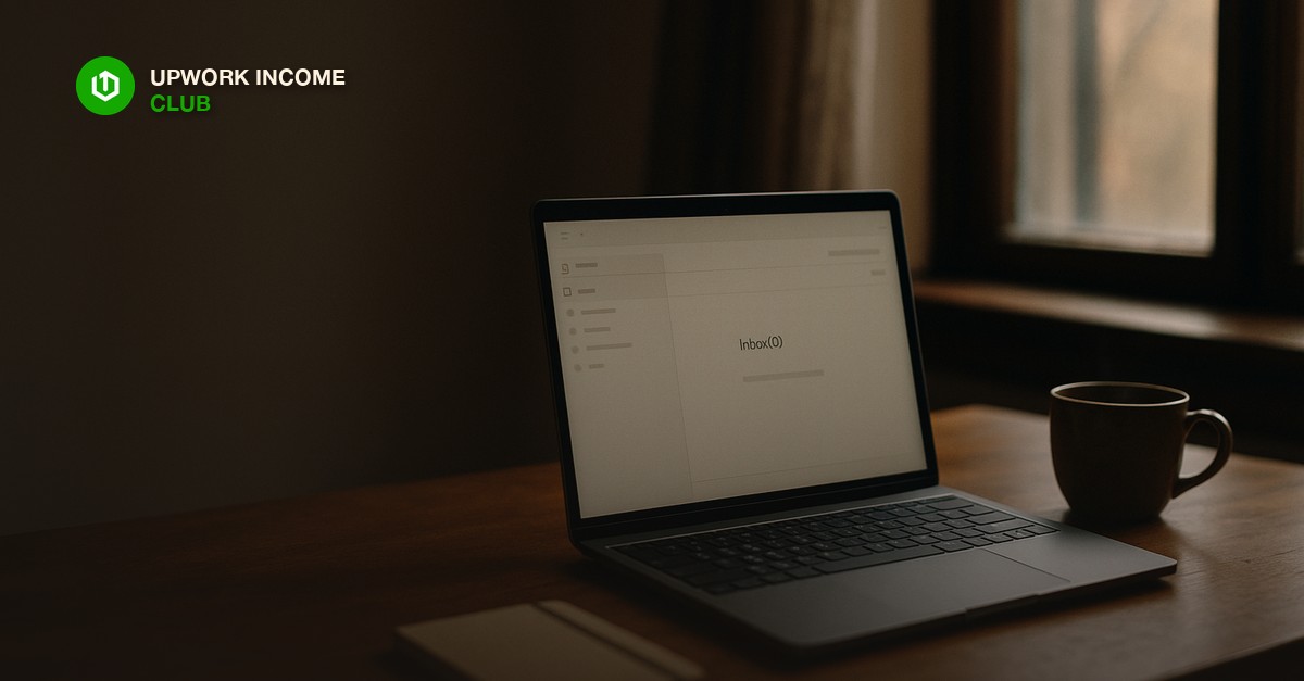 A laptop showing a quiet inbox on a wooden desk beside a cooling cup of coffee and a small notebook in early morning light